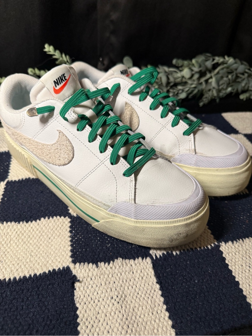 Nike White Leather Low-Top Sneakers with Green Laces and Cream Swoosh